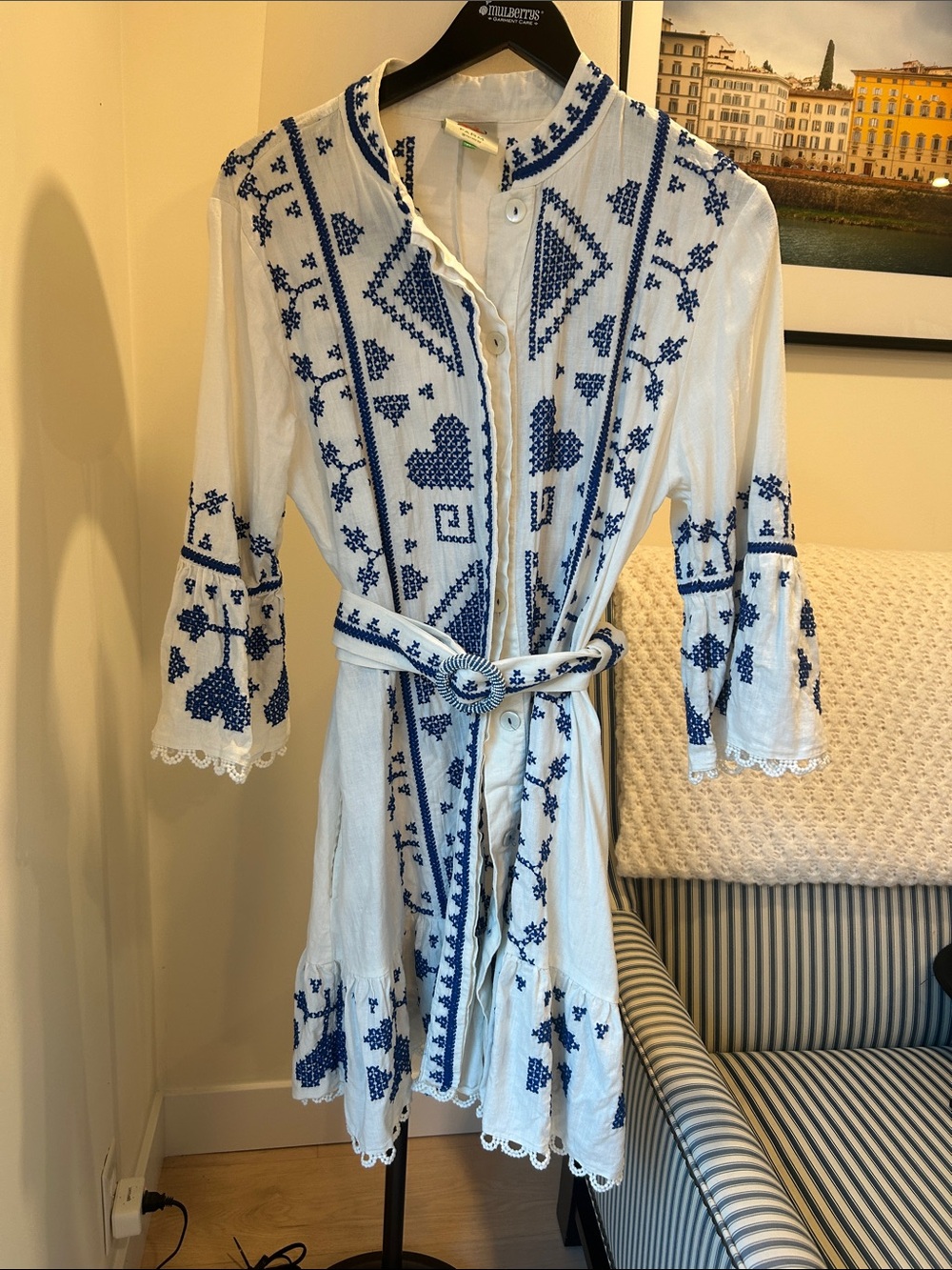 FARM Rio White Mini Dress with Blue Embroidery